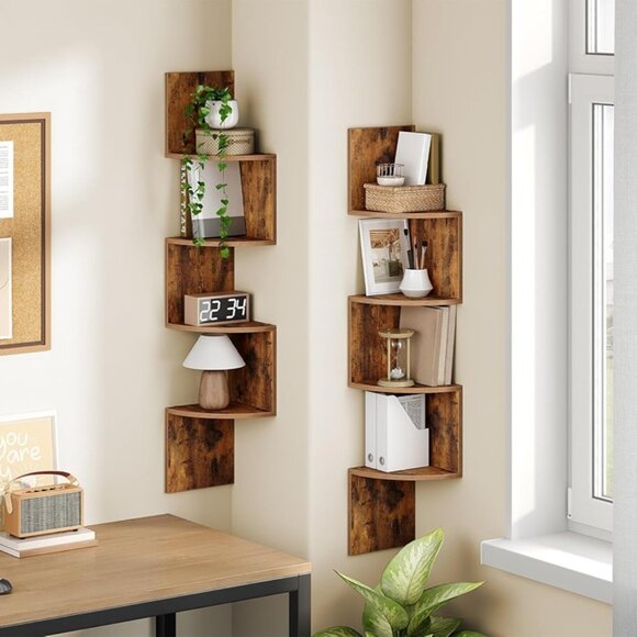 New Wall Mounted Corner Shelves Set of 2 Four Tier Rustic Floating Bookshelves